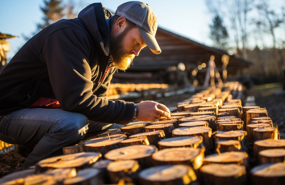 Un uomo con barba e cappellino da baseball sta ispezionando, all'aperto, delle piccole sezioni di tronchi d'albero per studiare, attraverso gli anelli di accrescimento, i cambiamenti climatici