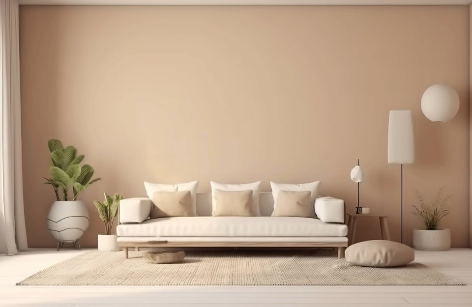 Salotto moderno sui colori neutri caldi, con sofà, piante in vaso, lampadari da terra, tappeto e parquet sbiancato