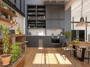 Cucina e sala da pranzo open space in stile moderno e industrial, con pavimento in wengè