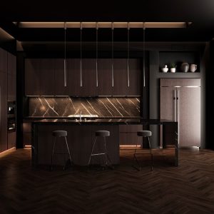 Grande cucina di lusso tutto in legno scuro, con parquet scuro e grande vetrata panoramica a parete