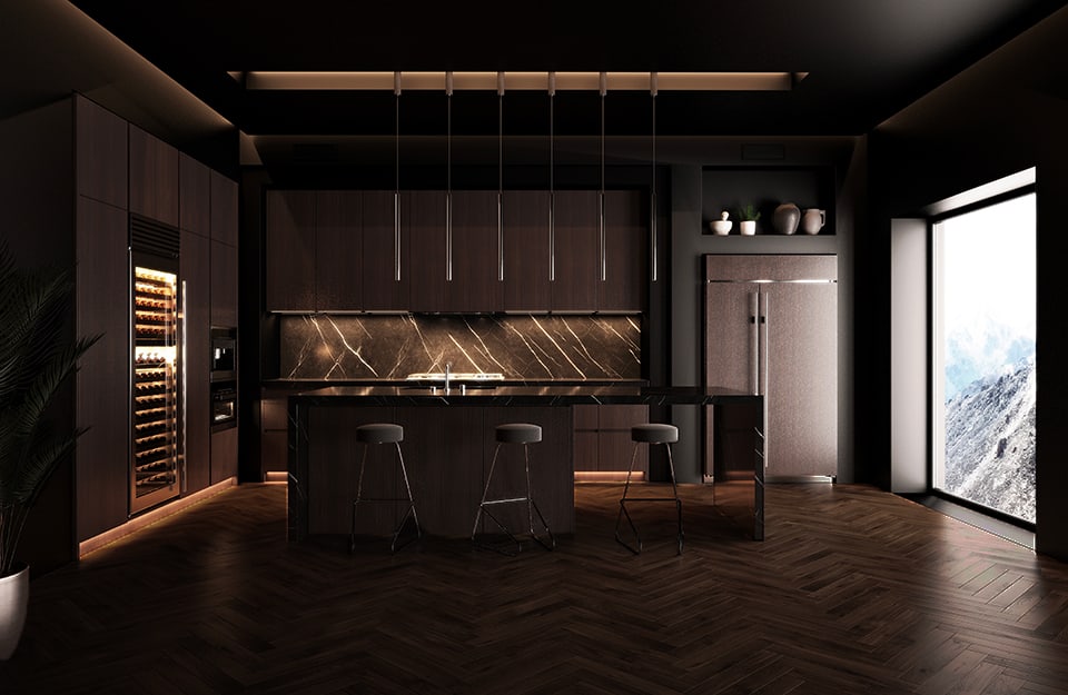 Grande cucina di lusso tutto in legno scuro, con parquet scuro e grande vetrata panoramica a parete