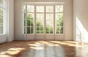 Stanza vuota con parquet in una luminosa stanza sui toni del bianco con finestra a bovindo affacciata su un giardino