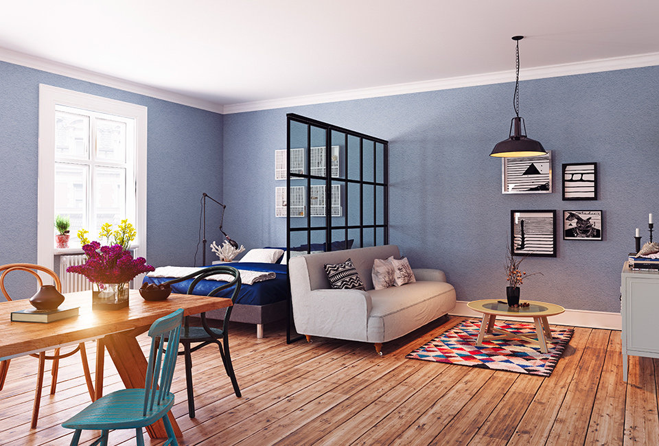Parquet e tappeti per creare delle “isole”: arredamento interni, open-space con sala da pranzo, camera da letto e salotto con pavimento in parquet e un tappeto colorato