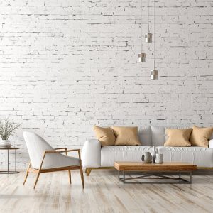 Un salotto total white con parquet