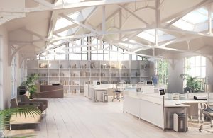 Grande open space con parquet per ufficio