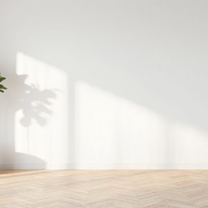 Stanza vuota e luminosa. Si vedono una porta bianca, pareti bianche e una pianta ad alberello con vaso bianco. Il parquet è in acero chiaro
