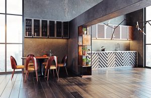 Un locale in stile industriale moderno. Il pavimento è un parquet in castagno