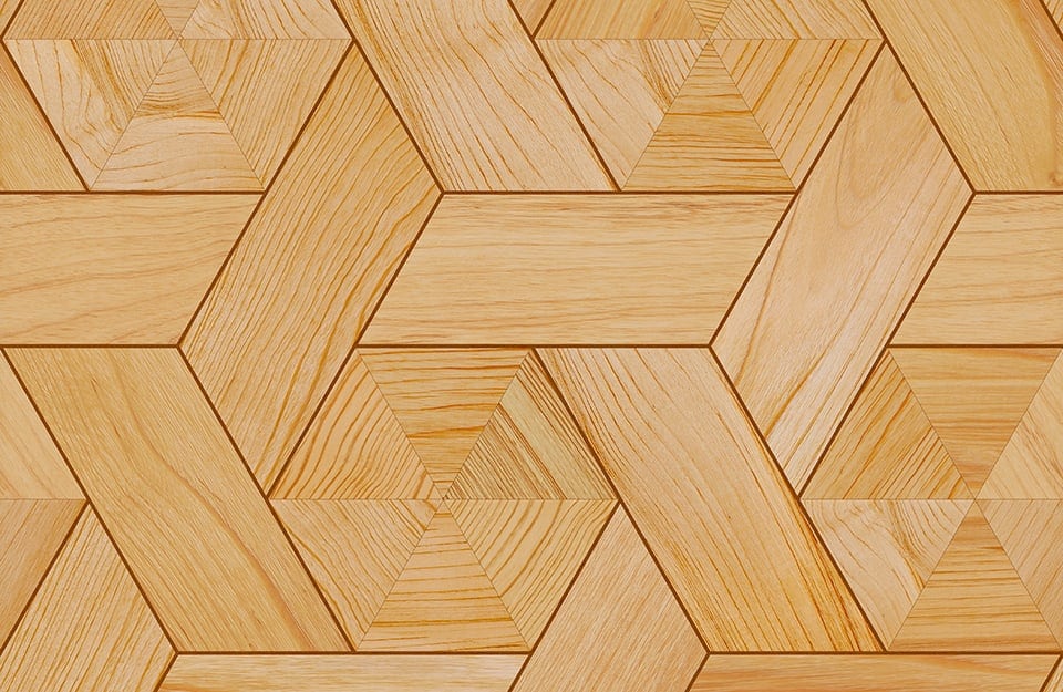 Parquet con posa elaborata fatta di elementi esagonali e obliqui