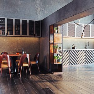 Un locale in stile industriale moderno. Il pavimento è un parquet in castagno