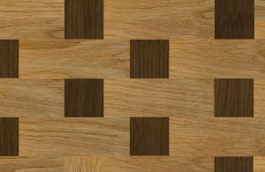 Parquet intarsiato con geometri moderne, a due colori e due forme, rettangolo e quadrato