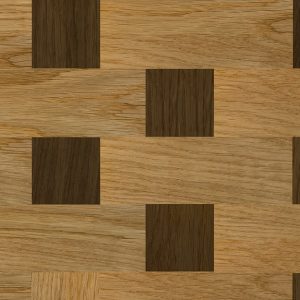 Parquet intarsiato con geometri moderne, a due colori e due forme, rettangolo e quadrato