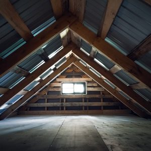 Vista in prospettiva centrale di una soffitta: si vedono le assi del tetto, una finestra in fondo e le assi di legno del pavimento
