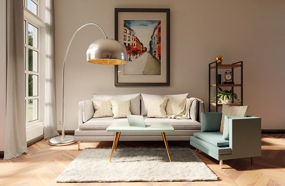Un salotto elegante e accogliente in stile modernista con parquet in faggio