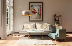 Un salotto elegante e accogliente in stile modernista con parquet in faggio
