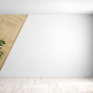 Interno domestico semivuoto e minimale con pavimento in frassino, una pianta e una finestra
