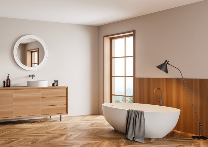 Luminosa stanza da bagno arredata con materiali ed elementi (tra cui il parquet) seguendo i principi del Feng Shui