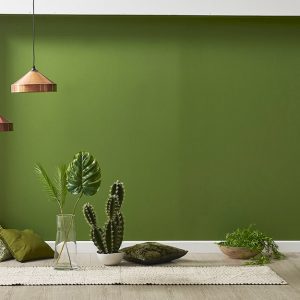 Angolo verde con parquet, tappeto, piante e lampadari color rame, secondo i principi del Feng Shui