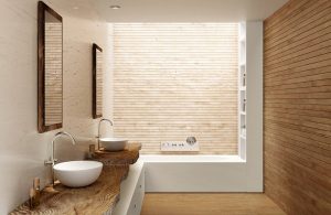 Stanza da bagno arredata con molto legno secondo i principi del Feng Shui