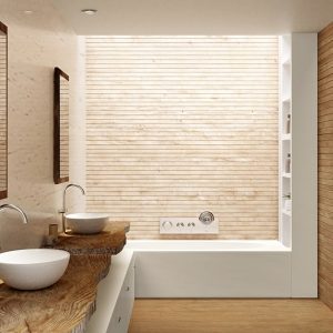 Stanza da bagno arredata con molto legno secondo i principi del Feng Shui