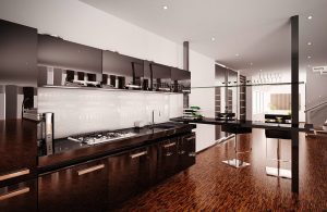 Cucina moderna open space con mobili marroni e parquet in palissandro