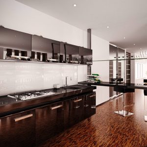 Cucina moderna open space con mobili marroni e parquet in palissandro