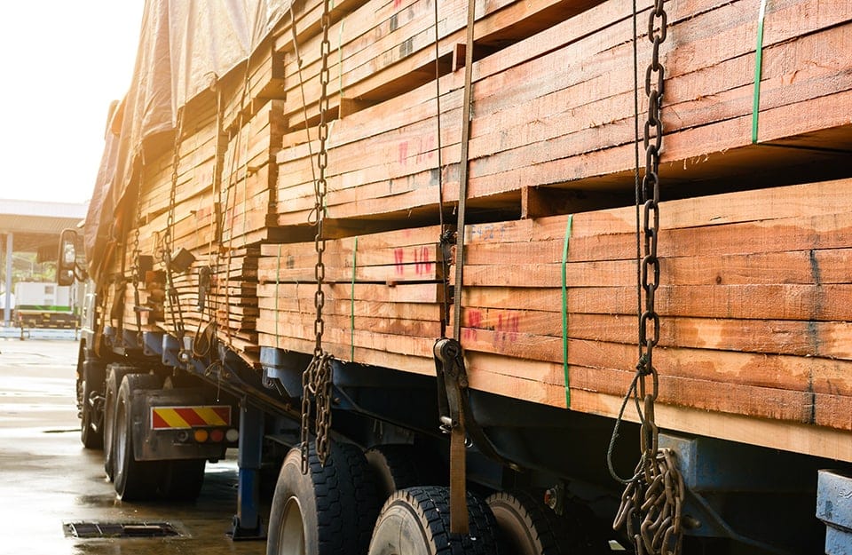 Camion che trasporta assi di legno, visto di lato, si avvicina a un posto di dogana