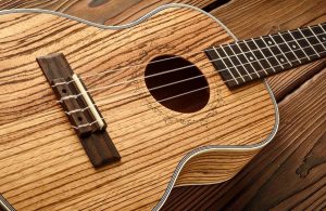 Chitarra in legno di zebrano su fondo di legno
