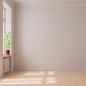 Stanza vuota con parquet in betulla e, sulla sinistra, delle finestre aperte da cui entra luce, sul davanzale di una delle quale si vede una piantina in vaso