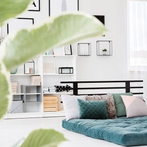 Camera da letto in stile Boho Chic, con parquet, materasso sul pavimento, piante, parete piena di quadri e