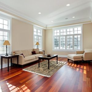 Un luminoso salotto sui toni del panna con sofà, poltrona, tappeto, tavolino da caffè e parquet in jatobà