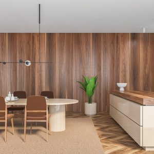 Sala da pranzo in stile moderno e minimale con pavimento in parquet, una parete rivestita con parquet, tavolo