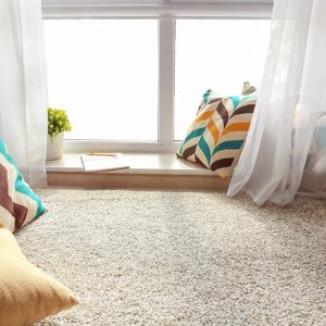 Dettaglio di una stanza con moquette accanto a una finestra e dei cuscini
