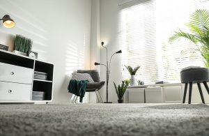Un salotto minimale sui colori del bianco e del grigio, fotografato raso terra, sopra una moquette