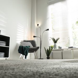 Un salotto minimale sui colori del bianco e del grigio, fotografato raso terra, sopra una moquette