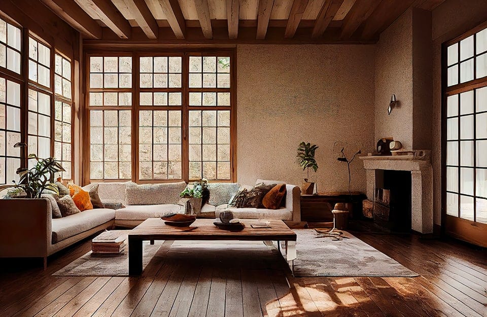 Un elegante salotto in stile nordico con influssi giapponesi con molte finestre, grande sofà angolare, grande tavolo da caffè, camino, parquet e soffitto con travi a vista
