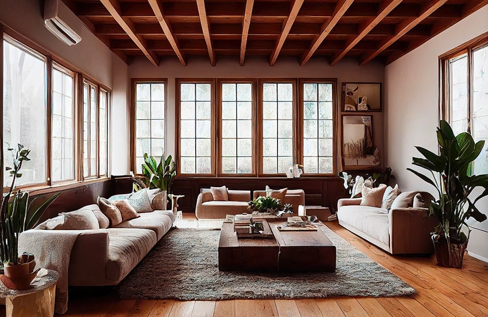Un lussuoso e luminoso salotto con molte finestre, soffitto a cassettoni in legno, molti sofà, un grande tappeto e un prezioso parquet