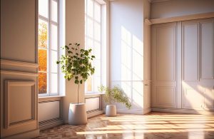 Una luminosa stanza semivuota di una casa antica, con la luce del sole che entra dalle finestre e colpisce il parquet