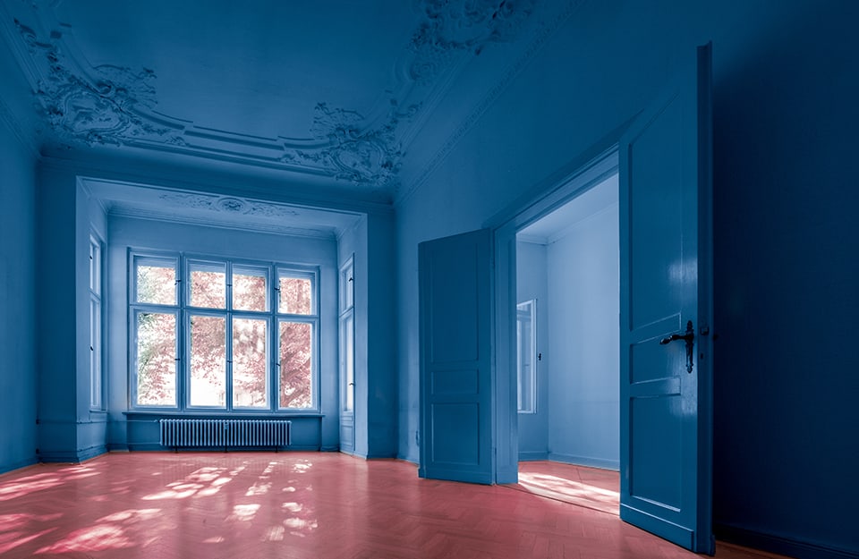 Elegante stanza vuota con pareti e soffitti blu con decorazioni a stucco, grande finestra su giardino alberato e parquet color amaranto