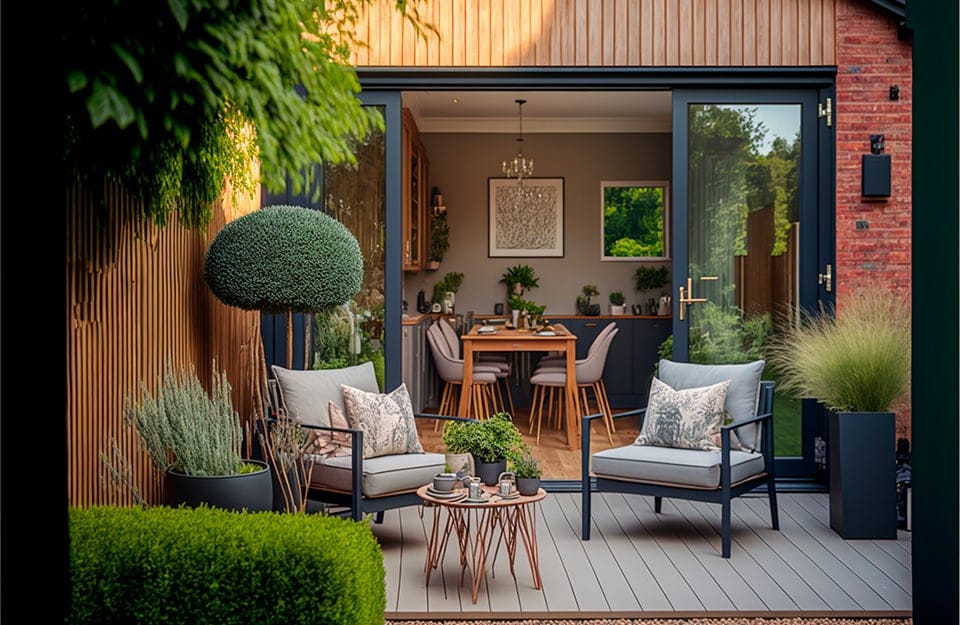 Piccolo giardino esterno con decking, che ospita un salottino all'aria aperta con piante ben potate