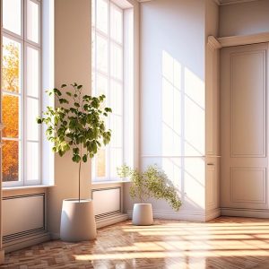 Una luminosa stanza semivuota di una casa antica, con la luce del sole che entra dalle finestre e colpisce il parquet