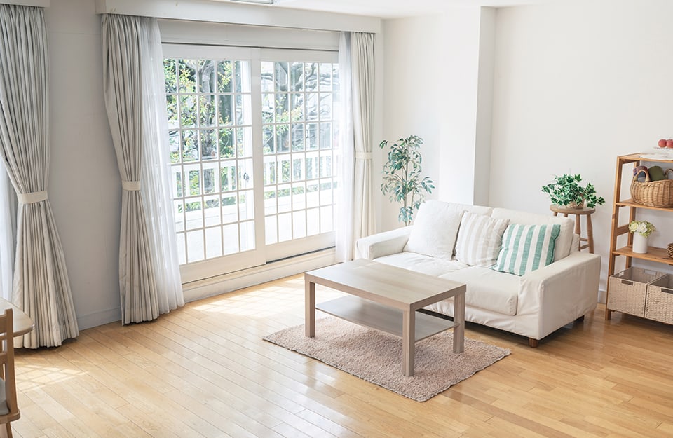 Un salotto luminoso fotografato d'angolo, con sofà bianco, tavolino da caffè su tappeto marrone chiaro, piante, pavimento a parquet e grande e luminosa doppia finestra a pavimento
