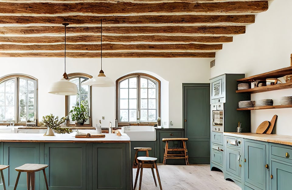 Grande cucina rustica in una spaziosa e luminosa stanza con travi a vista di una casa di campagna. I mobili sono di un verde salvia scuro e c'è una grande isola al centro della stanza