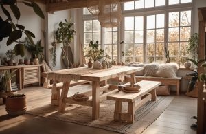 Luminosa sala da pranzo in stile rustico di una casa in campagna, con grande finestra che occupa l'intera parete, tavolo in legno con panche, tappeto sotto al tavolo, mobili in legno e molte piante