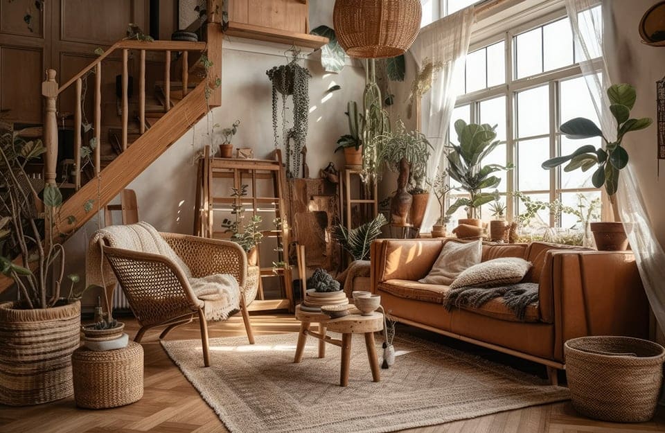 Salotto in stile boho-chic di una casa di campagna, con mobili in legno parquet, grande finestra e scala in legno che conduce al piano superiore