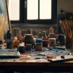 Il tavolo dell'atelier di un artista, pieno di barattoli di colore, pennelli, tavolozze, colore incrostato e una tela con chiazze di colore, il tutto illuminato da una finestra