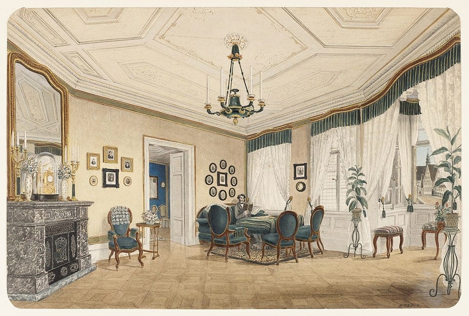 Un acquerello di metà Ottocento del pittore tedesco Caspar Obach mostra l'interno di un palazzo lussuoso, probabilmente a Stoccarda
