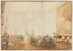 Acquerello di un grande salone, probabilmente nella Francia dell'800, attribuito al pittore Ambroise Louis Garneray