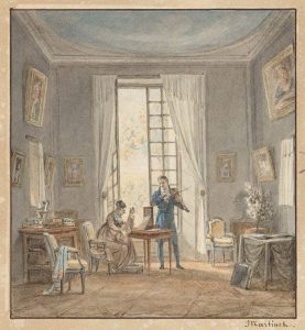 Un acquerello di inizio Ottocento attribuito ad Achille-Louis Martinet che ritrae il Conte d'Arjuzon e sua moglie intenti a suonare rispettivamente il violino e la chitarra
