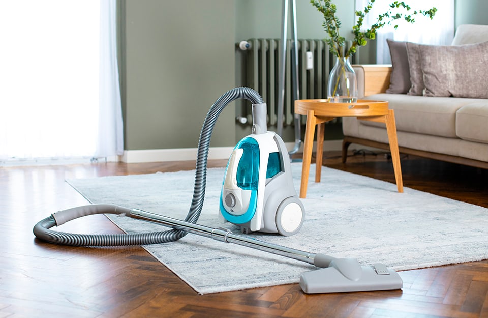 Un aspirapolvere poggiata sopra il tappeto in un salotto con parquet, sofà, finestra, tavolino da caffè, termosifone in ghisa verde come le pareti