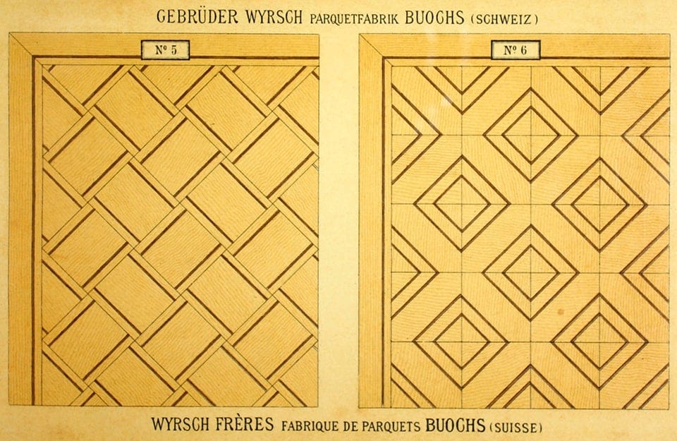 Pagina di un catalogo di parquet dei primi del '900 con esempi di posa del pavimento